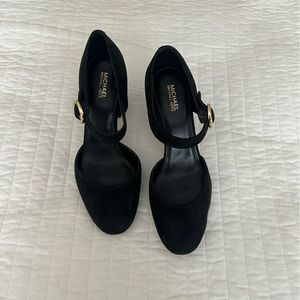 Michael Kors Black Suede Block Heel Ankle Strap Shoes with Gold Buckle- Size 8